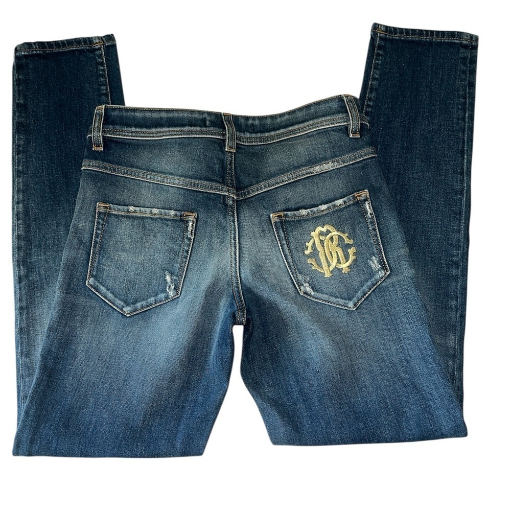 Roberto Cavalli Distressed Blue Denim Jeans Women’s IT 40 US 4 Embroidered Logo